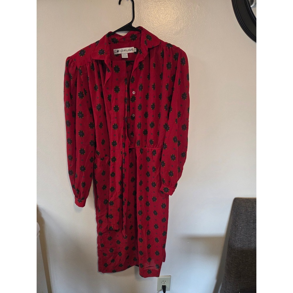 Vintage Ms Chaus Red Medallion Print Midi Dress Long Sleeve Button Front Size 10